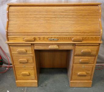 Solid Oak Roll-Top Desk With Lock And Key 46"h 48"w 22"d