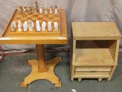 Vintage Wooden Chess Table With a White and Tan Onyx Marble Chess Set. 29"x21"x21", Mid-Century Modern Oak Nightstand 24"x18"x16"