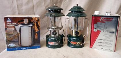 Coleman CL1 single-mantle lantern. Coleman Adjustable Two Mantle gas lantern, Coghlan's 12-Cup Stainless Steel Coffee Percolator. Coleman Camp Fuel, Full Container