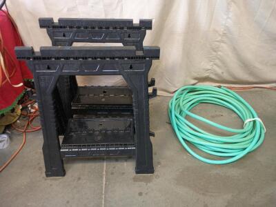[2] Blue Hawk Plastic Folding Sawhorses. 100' Heavy-Duty Garden Hose