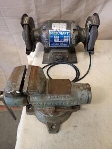 Procraft Heavy-Duty Bench Grinder, Vintage Taskmaster-4 Bench Vise.
