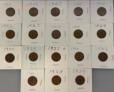 (18) One Cent Whest Pennies 1919-1939