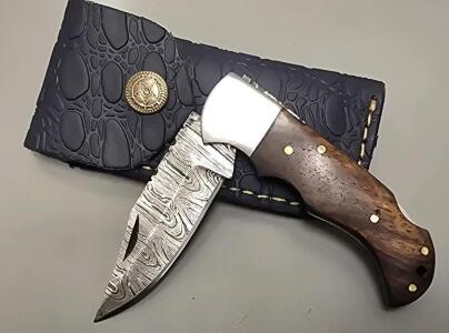 Damascus Steel Custom Locking Pocket Knife W/ Leather Sheath