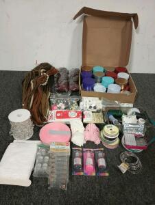 Multicolored Hair Extensions, Fabric Paint (50), Variety of Plastic and Wooden Buttons, Large and Small Sewing Needles, Ribbons of Various Widths and Colors, Small Tins awith Lids (20)