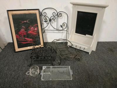 Metal Patio Table Accessories, Framed Japanese Painting, Fluted Glass Serving Platter Set (4) With 4 Matching Small Glass Tea Glasses, Hanging Key Holder With Small Chalk Board, Cast Iron Dutch Oven With Lid, Ovenshire Dutch Oven w/o Lid, Heavy Duty Lugga