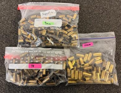 Mixed Variety Of 10MM, 9MM, And 38 Caliber Brass Casings