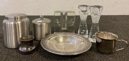 (2) Stainless Steel Containers, Crystal Vase, (2) Finland Crystal Candle Holders, Wallace 5301 Silverplate, And Silver Cup
