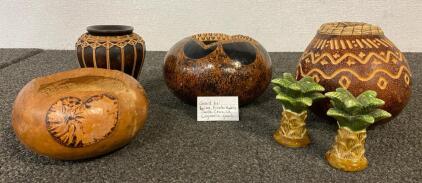 3 Singed Gourds, Wood Vase, Palm Tree Salt And Pepper Shakers
