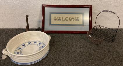 Welcome Sign, Pottery, Pottery Baker, (3) Wire Baskets, Antique Hooks