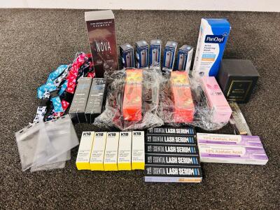 Self-Care Bundle Including: Self Tanning Kits, Molecular Hair Oil, Lash Serum, Ingrown Toenail Care, Scented Candle, Acne Foaming Wash, Nova Hair Hair Dye, Lanyards, and More