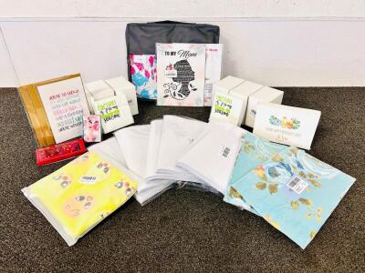 (5) Packs Of Holographic Sticler Film, Cartoon Image Apron, Pajama Set, Bday Cards, Softball Is my Fav. season Napkins, Queen Sized Sheet Set and More