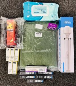 Self-Care Bundle Including: Knitted Forest Green Throw Blanket, Flushable Wet Wipes, Self Tanning Kit, Lash Serum, Molecular Hair Oil, and More