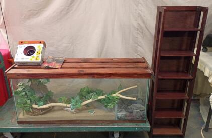 Reptile Terrarium With New Reflector Light And Heat Lamp And New Heat Mat 22"x50"x15", Cherry Wood Book Shelf 51"x14"x7"