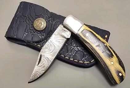 Damascus Steel Folding Pocket Knife W/ Leather Case
