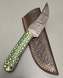 Damascus Steel Custom Hunting Knife W/ Leather Sheath
