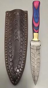 Damascus Steel "Boot Dagger" W/ Leather Sheath