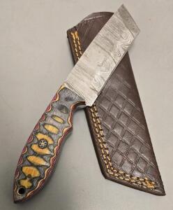 Custom Damascus Steel Hunting Knife W/ Leather Sheath