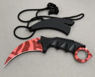 Red Camo Karambit Knife with Sheath and Finger Ring
