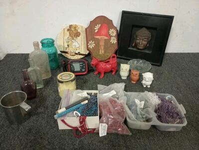 Large Selection Of Beads For Crafting, Vintage Bottles, Electric Blood Pressure Cuff, Ceramic Owl Figurines, Buddha Wall Art