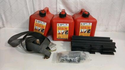 (3) 2 Gallon Midwest Gas Can (1) Cam Buckle Tie Down Strap (4) Cast Iron Like Cabinet Handles & More