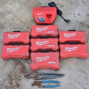 (7) Assorted Partially Filled Milwaukee Bit Set Cases , M12 Battery Charger & Slip-Joint Pliers