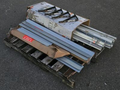 Whole Pallet of Assorted Items: Box of Blinds, (2) Boxes of Shelving Hardware & (4) Wall Mount Shelf Brackets
