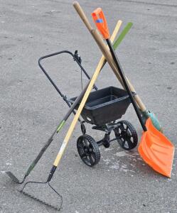 Assorted Yard Tools: Spreader, Hoe/Rake, Snow Shovel & Post Hole Digger