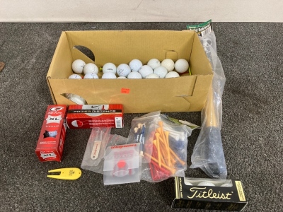 Assortment Of Golf Balls, Tees, And Golf Ball Picker upper