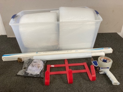 (2) Rolls Of Bubble Wrap, Window Film, Saran Wrap, Tape, & More