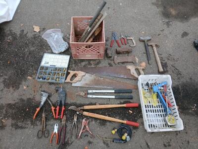 (2) Vintage Hand Saw (10+) Assorted Tools/Pliers (1) Box Of Brass Fittings & More