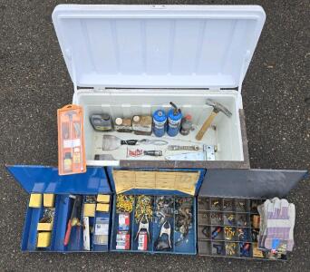Large Thermos Cooler Filled w/ Assorted Tools & Parts: Hoppe's Gun Cleaning Kit & More!