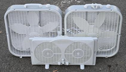 (2) Lasko Box Fans - 21" x 21" & (1) Intertek Dual Window Fan - 12" x 24"