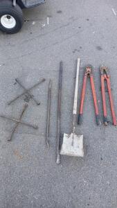 (1) Square Head 4' Shovel (2) Tire Irons (2) Heavy Duty Steel Pry Bars 2.5' And 4' & More