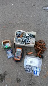 Bucket Of Assorted Bolts And Screws (1) Ratchet Strap (1) Blue-Point EEDM503BDigital Multimeter & More