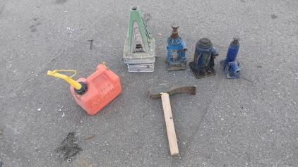 (3) Bottle Jacks (1) 1 Gallon Gas Can (1) Sledge Hammer & More