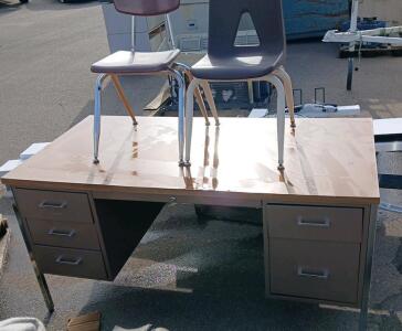 Metal Desk W/ 6 Drawers -60"L x30"W x29"H (2) Plastic/Metal Kids Chairs