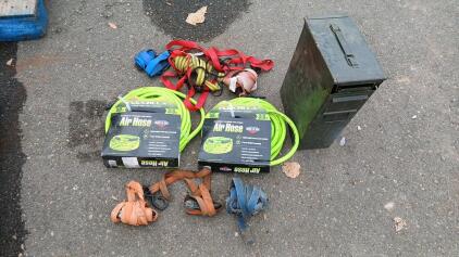 (2) Flexzilla 50' 3/8" Air Hose (1) Military Ammo Box W/ Ratchet Straps And Ratchet Ends