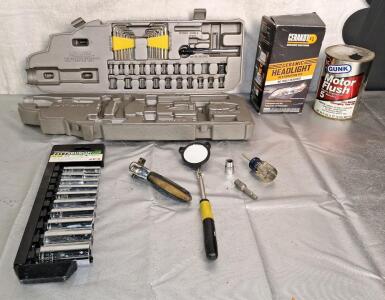 (1) Pittsburgh 10-Piece 3/8" Drive Chrome Standard Deepwell Sockets, (1) 1/4" / 3/8" Ratchet, (1) Lighted Extendable Mirror & More