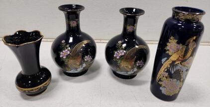 (3) Japanese Kutani-style Cobalt Blue Pheasant Designed Porcelain Vase (1) Vintage Limoges Castel France Cobalt Blue Porcelain Vase