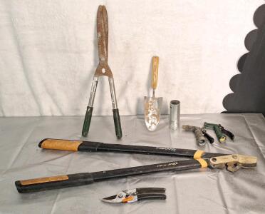(1) Fiskars Limb Trimmer, (1) Hand Pruner & Assorted Gardening Tools