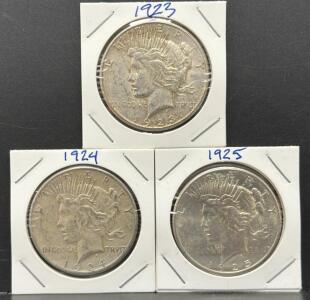 1923, 1924, 1925 Peace Dollar Coins, United States, 90% Silver