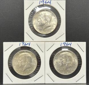 (3) 1964 Kennedy Half Dollar Coins, Set of 3, 90% Silver