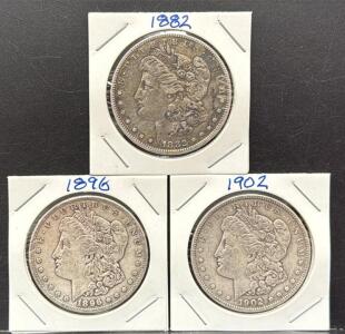 Morgan Silver Dollar Coins, 1882, 1896, 1902, U.S. Mint, 90% Silver