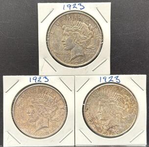 (3) 1923 Peace Dollar Coins, $1 Denomination, U.S. Mint, Silver Composition