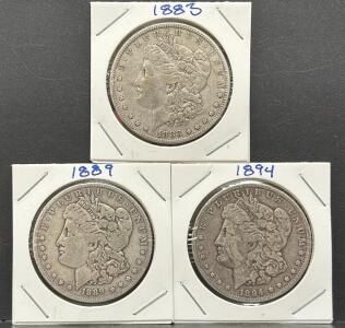 Morgan Silver Dollar Trio, 1883, 1889, 1894, U.S. Mint Design by George T. Morgan