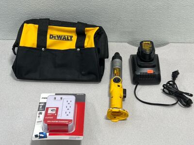 DeWalt DW920K-2 7.2V Cordless Two-Position Screwdriver Kit. <br/>This tool features an adjustable two-position handle, allowing it to be used as both an in-line and pistol-grip screwdriver,/$139Value,(1)Rotating Outlet Surge Protector With USB.