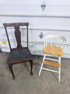 (1) Brown Wooden Chair With Leather Seat & (1) Vintage White Wooden Highchair
