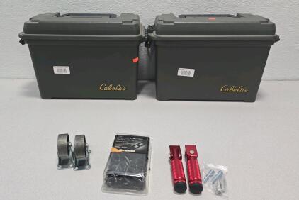 (2)Cabela's Dry-Storage Ammo Empty Boxes ,(2) Metal Casters,(1) Black Matte chain 3/16 In . X 5 Feet ,(1) Pair Of Red Folding Motorcycle Foot Peg.