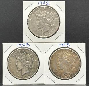 (3) 1922 & 1923 Peace Silver Dollars, 90% Silver, No Mint Mark, U.S. Mint