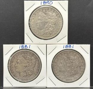 (3) 1881 & 1890 Morgan Silver Dollars, U.S. Mint, 90% Silver
